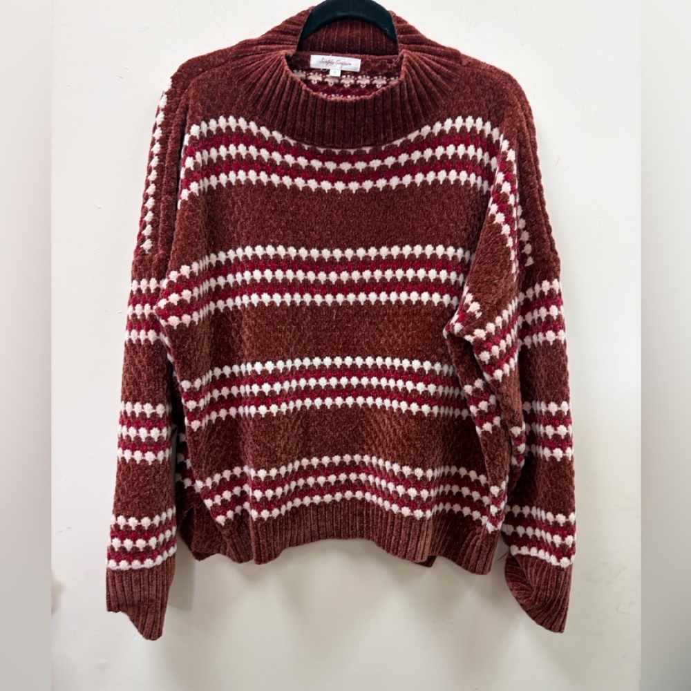 Simply Couture Striped Sweater Womens Small Brown Ivory Chenille Mock Neck Knit